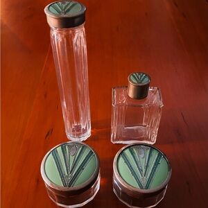 Art Deco Glass Vanity Jar Set with Green Accents